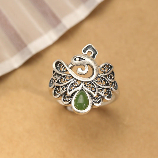 Jade  925 Sterling Silver Peacock Hetian Cyan Jade Fortune Adjustable Ring