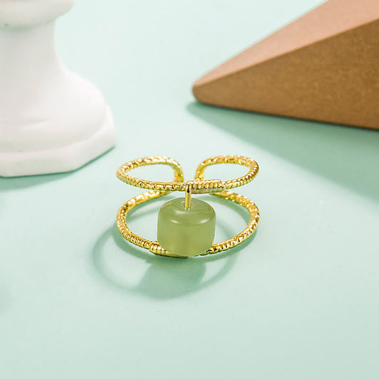 Jade  Round Jade Pearl Bead Double Layer Copper Luck Adjustable Ring
