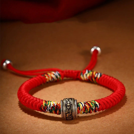 Ancient Tibetan Buddhist Red String Tradition  925 Sterling Silver Om Mani Padme Hum King Kong Knot Faith Bracelet