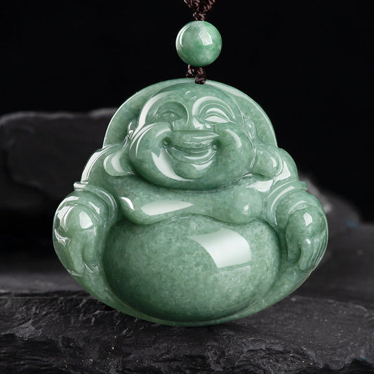Spirituality Laughing Buddha Cyan Jade Harmony Necklace String Bead Pendant