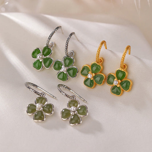 Jade  925 Sterling Silver Natural Cyan Jade Four Leaf Clover Luck Success Earrings