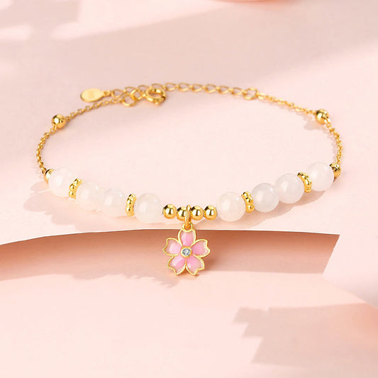 Jade  925 Sterling Silver Hetian White Jade Cherry Blossom Protection Bracelet
