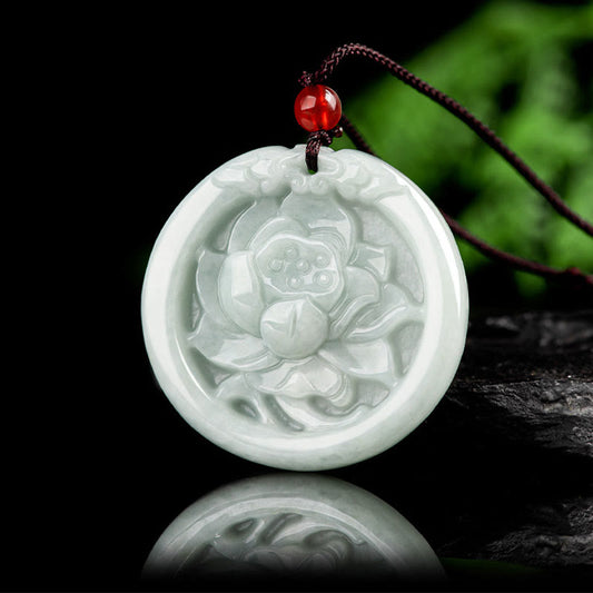 Jade  Natural Jade Lotus Flower Carved Prosperity Necklace Pendant