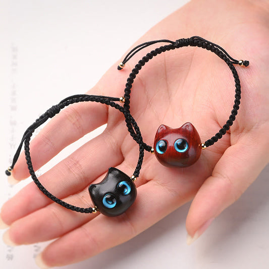 Ancient Tibetan Buddhist Red String Tradition  Small Leaf Red Sandalwood Ebony Wood Cute Cat Head Calm Protection Braided Bracelet