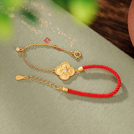 Ancient Tibetan Buddhist Red String Tradition  925 Sterling Silver Plated Gold Four Leaf Clover Zircon Luck Bracelet