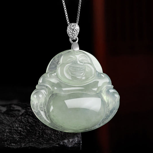 Buddha Energy Necklace 925 Sterling Silver Natural Jade Laughing Buddha Prosperity Abundance Chain Necklace Pendant