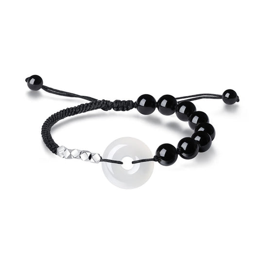 Spirituality Buddha Karma 925 Sterling Silver Black Obsidian Agate Peace Buckle Strength Bracelet