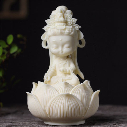 Spirituality Mini Ivory Fruit Kwan Yin Avalokitesvara Lotus Wealth Desk Decoration