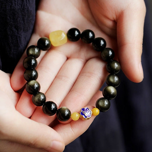 Spirituality Buddha Karma 925 Sterling Silver Chinese Zodiac Natal Buddha Natural Gold Sheen Obsidian Amber Wealth Protection Bracelet