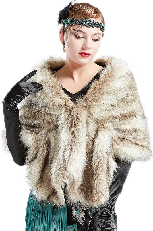 Womens Faux Fur Collar Shawl Faux Fur Scarf Wrap Evening Cape for Winter Coat