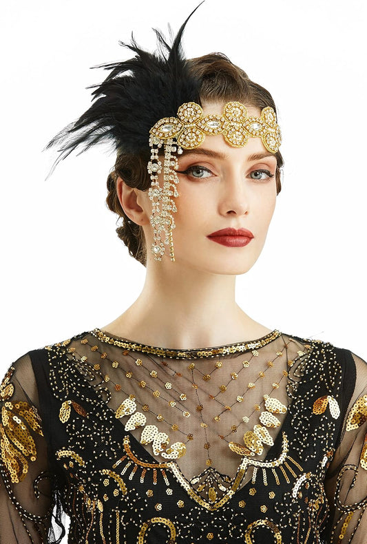 1920s Headpiece Flapper Headband - Feather Crystal Headpiece Flapper Accessories
