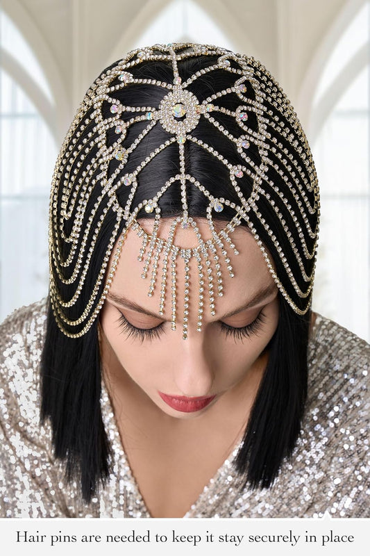 Vintage Style Roaring 20s Crystal Rhinestone Flapper Cap Headpiece Head Jewelry Chains