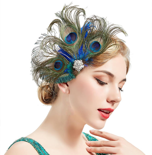 Peacock Feather Hair Clip, 9.8' x 6.3', Style 2, 1 Count, Adult Females, Women's, Handmade with Peacock Feathers and Rhinestones, Art Deco, Feather Shape, J-Clip, 2 Pieces