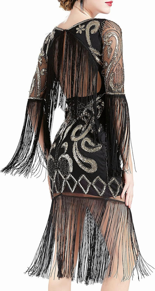 1920s Flapper Dress Long Fringe Gatsby Dress Roaring 20s Sequin Beaded Dress Vintage Art Deco Dress