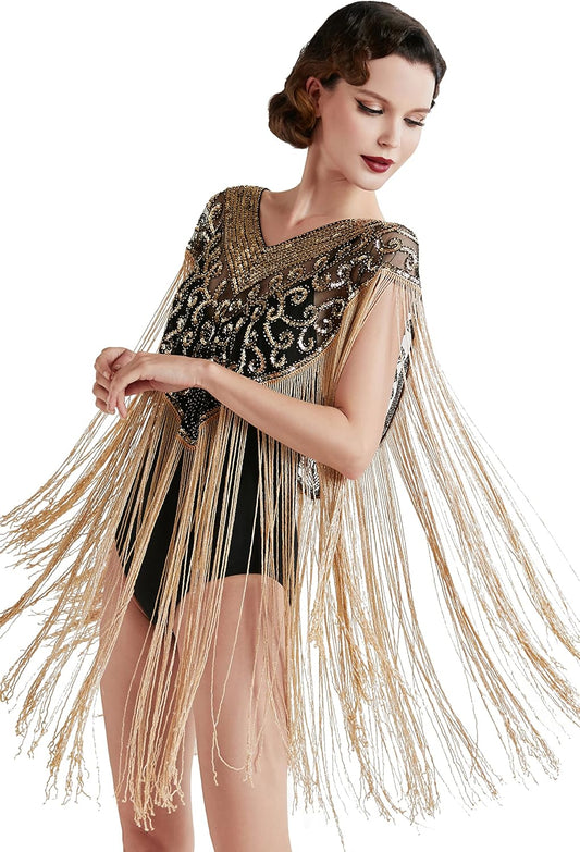 1920s Shawl Wraps Long Fringed Evening Cape Sequin Beaded Party Shawl