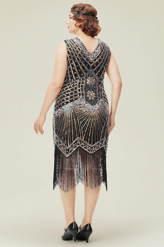 Women's Plus Size Flapper Dresses 1920s V Neck Beaded Fringed Great Gatsby Dress
