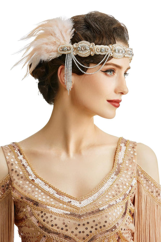1920s Flapper Headband Roaring 20s Gatsby Headpiece Black Feather Headband 1920s Flapper Hair Accessories (Nude Pink)