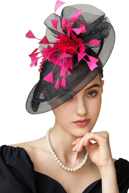 Fascinator Feather Hair Clip Tea Party Pillbox Derby Hat Bridal Wedding Veil A-Black