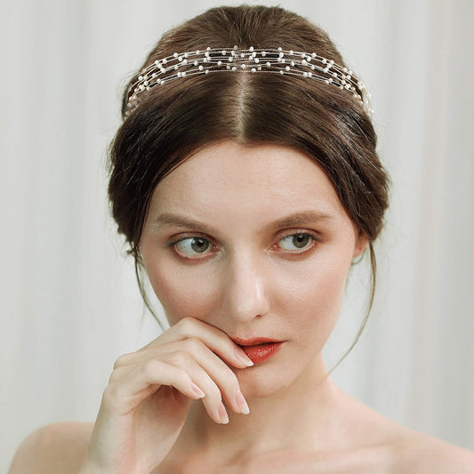 Bridal Headpiece Wedding Headband - Pearl Vintage Wedding Hair Bands for Brides with Lace Ribbon (White Beads)