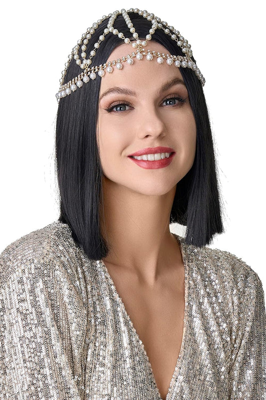 1920s Crystal Cap Headpiece Rhinestone Head Chain Roaring 20s Great Gatsby Hair Accessories for Art Deco Party (Gold)
