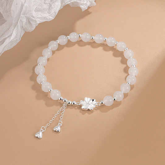 Jade  White Jade Peach Blossom Petals Flower Luck Bracelet