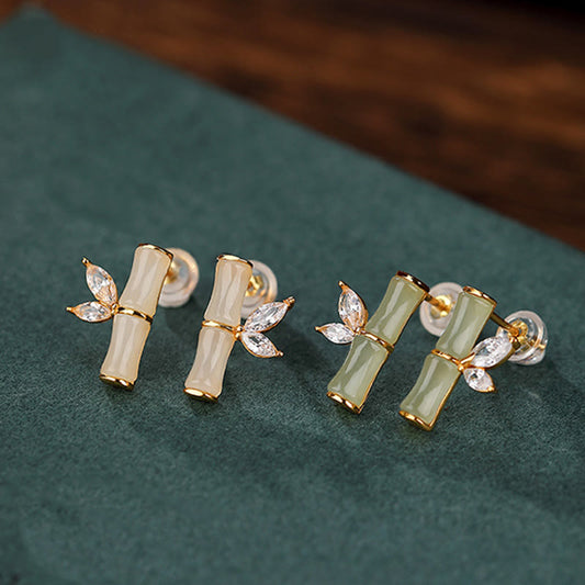 Jade  925 Sterling Silver Hetian Cyan Jade White Jade Red Agate Bamboo Pattern Luck Stud Earrings