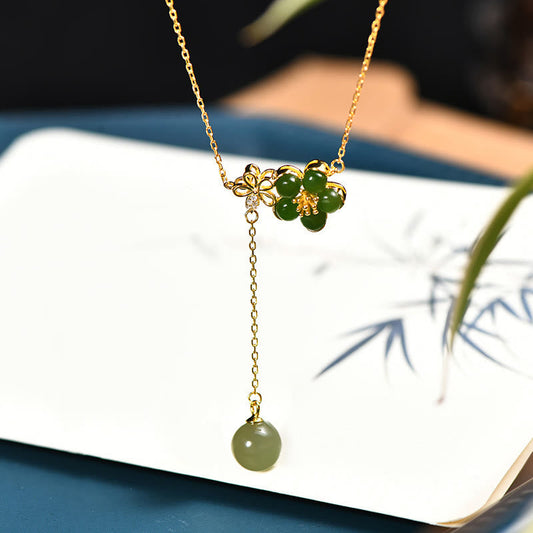 Jade  925 Sterling Silver Hetian Cyan Jade Plum Flower Blossom Design Luck Necklace Pendant