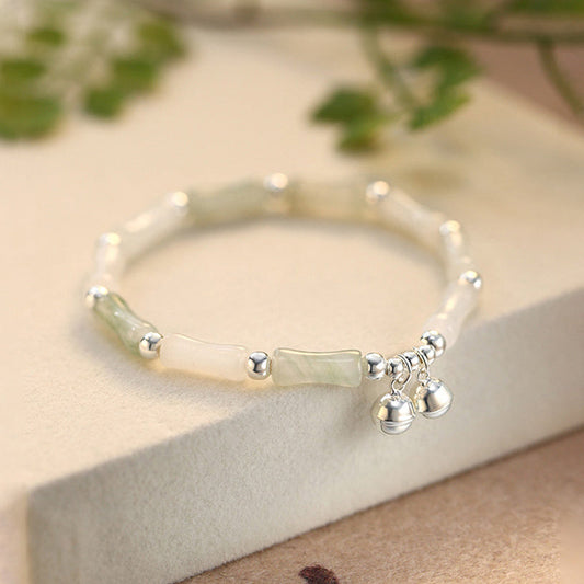 Jade  925 Sterling Silver Natural White Jade Bamboo Bell Charm Luck Happiness Bracelet