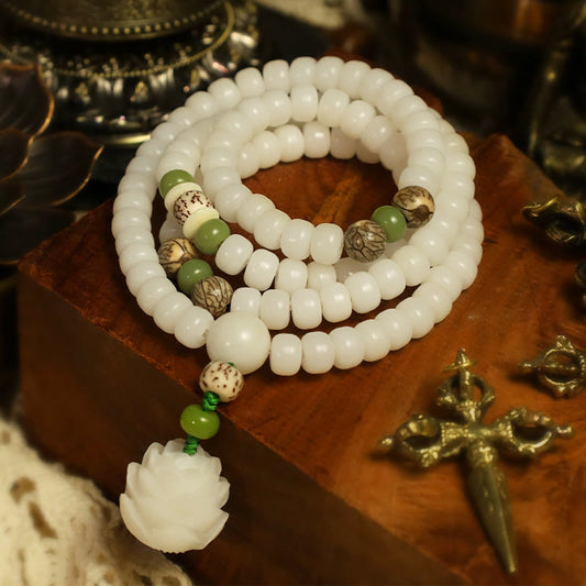 Spirituality Buddha Karma White Jade Bodhi Lotus Mala Harmony Necklace Bracelet
