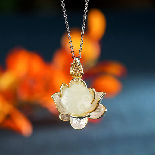 Jade  White Jade Lotus Flower Happiness Necklace