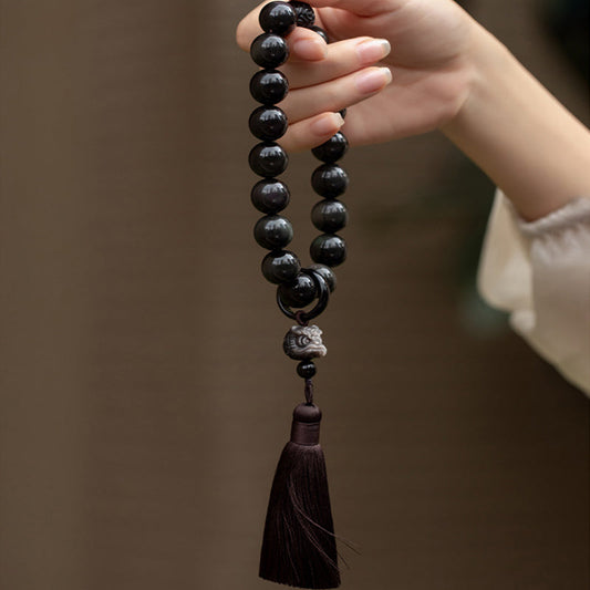 Spirituality Buddha Karma Natural Silver Sheen Obsidian Black Obsidian Lion Wrist Mala Protection Tassels Pocket Mala Car Decoration
