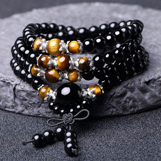 Spirituality Buddha Karma 108 Beads Natural Black Obsidian Tiger Eye Mala Bracelet