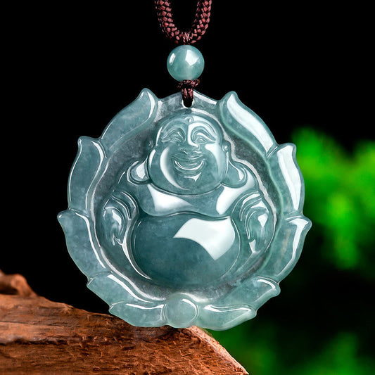 Spirituality Natural Jade Laughing Buddha Lotus Pattern Luck Necklace Pendant