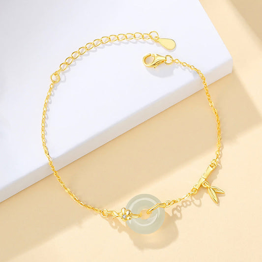 Jade  925 Sterling Silver Hetian Jade Chalcedony Peace Buckle Bamboo Leaf Prosperity Chain Bracelet