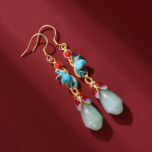 Jade  Magnolia Flower Jade Pattern Luck Prosperity Drop Dangle Earrings