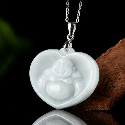 Buddha Energy Necklace 925 Sterling Silver Laughing Buddha White Jade Luck Blessing Necklace Pendant