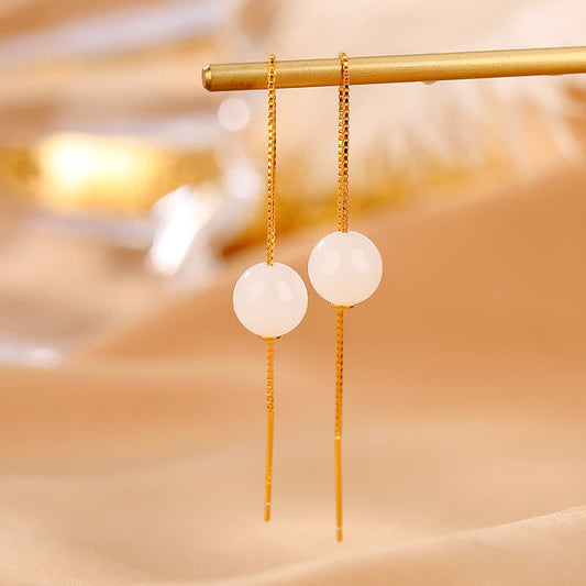 Jade  925 Sterling Silver White Jade Beaded Happiness Drop Earrings