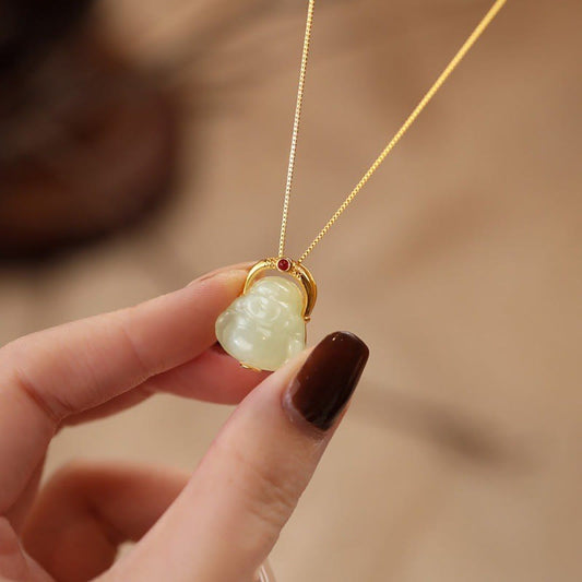 Buddha Energy Necklace 925 Sterling Silver Natural Hetian Jade Laughing Buddha Abundance Chain Necklace Pendant