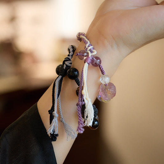 Ancient Tibetan Buddhist Red String Tradition  Natural Fluorite Amethyst Silver Sheen Obsidian Tiger's Eye Protection Rope Bracelet