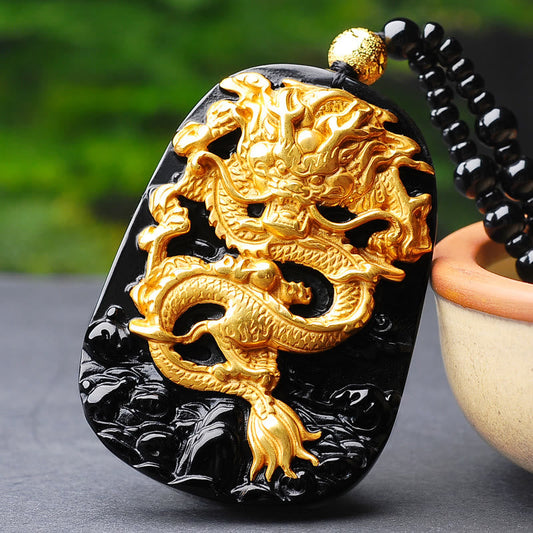Spirituality Buddha Karma 18k Gold-plated Dragon Obsidian Lucky Pendant Necklace