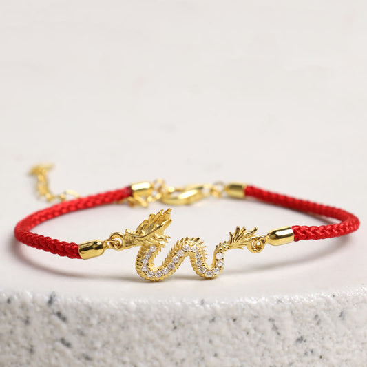 Ancient Tibetan Buddhist Red String Tradition  925 Sterling Silver Year Of The Dragon Auspicious Golden Dragon Luck Red Rope Chain Bracelet