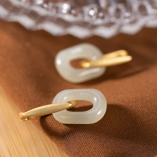 Jade  925 Sterling Silver Round White Jade Happiness Blessing Earrings