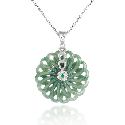 Jade  925 Sterling Silver Natural Round Jade Peace Buckle Abundance Necklace Pendant