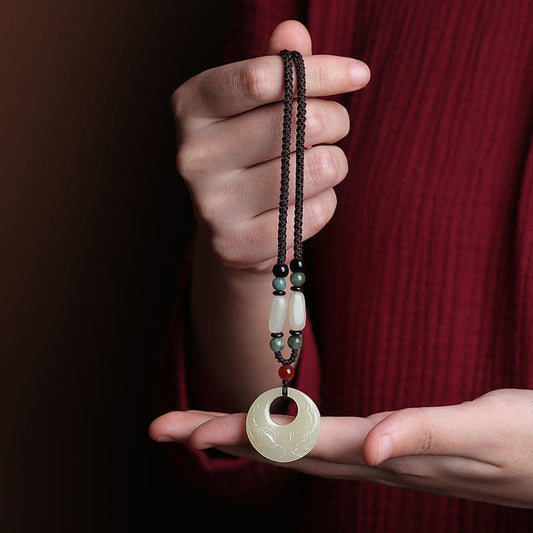 Jade  White Jade Double Koi Fish Carved Prosperity Success Necklace Pendant