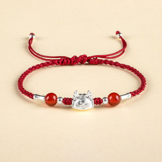 Ancient Tibetan Buddhist Red String Tradition  999 Sterling Silver Year of the Dragon Fu Character Dumpling Red Agate Luck Handcrafted Bracelet