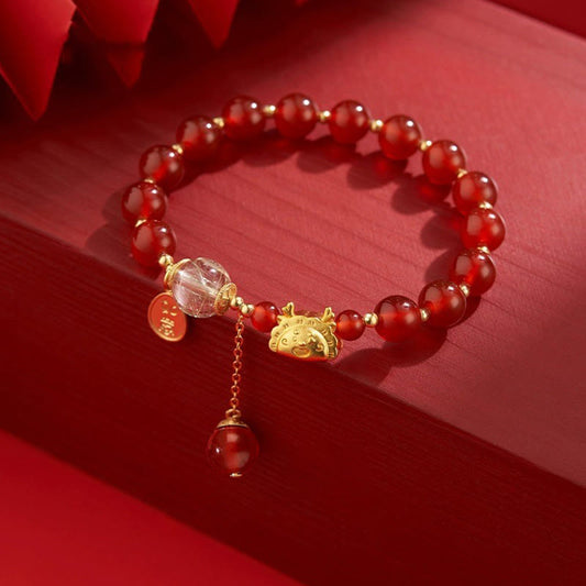 Jade  Year of the Dragon Dumpling Natural Red Agate Garnet Hetian Jade Fu Character Luck Success Bracelet