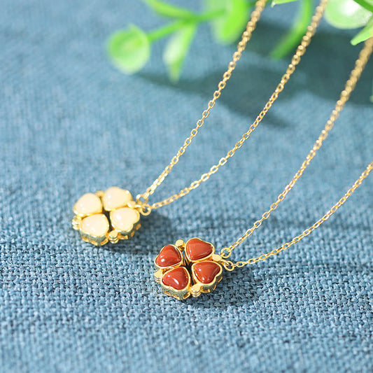 Jade  925 Sterling Silver Four Leaf Clover White Jade Red Agate Abundance Necklace Pendant