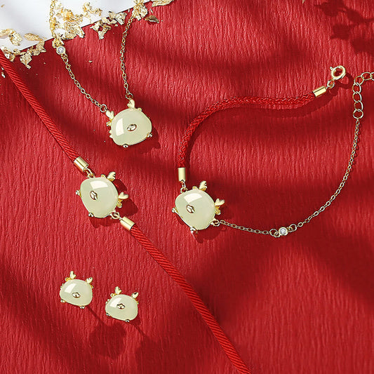 Jade  925 Sterling Silver Year of the Dragon Natural Hetian Jade Red Agate Cute Dragon Protection Success Bracelet Necklace Pendant Earrings