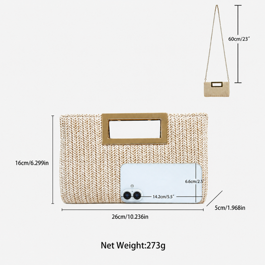 Women’s Straw Woven Crossbody Bag, Fashion Simple Summer Shoulder Bag with Metal Handle and Detachable Chain