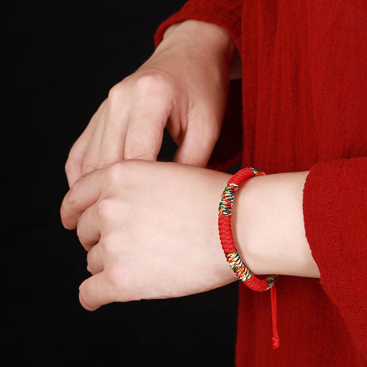 Multicolored Wu Xing Red String Zodiac Year Red Rope Bracelet with Buddhist Vajra Knot for Protection and Good Fortune